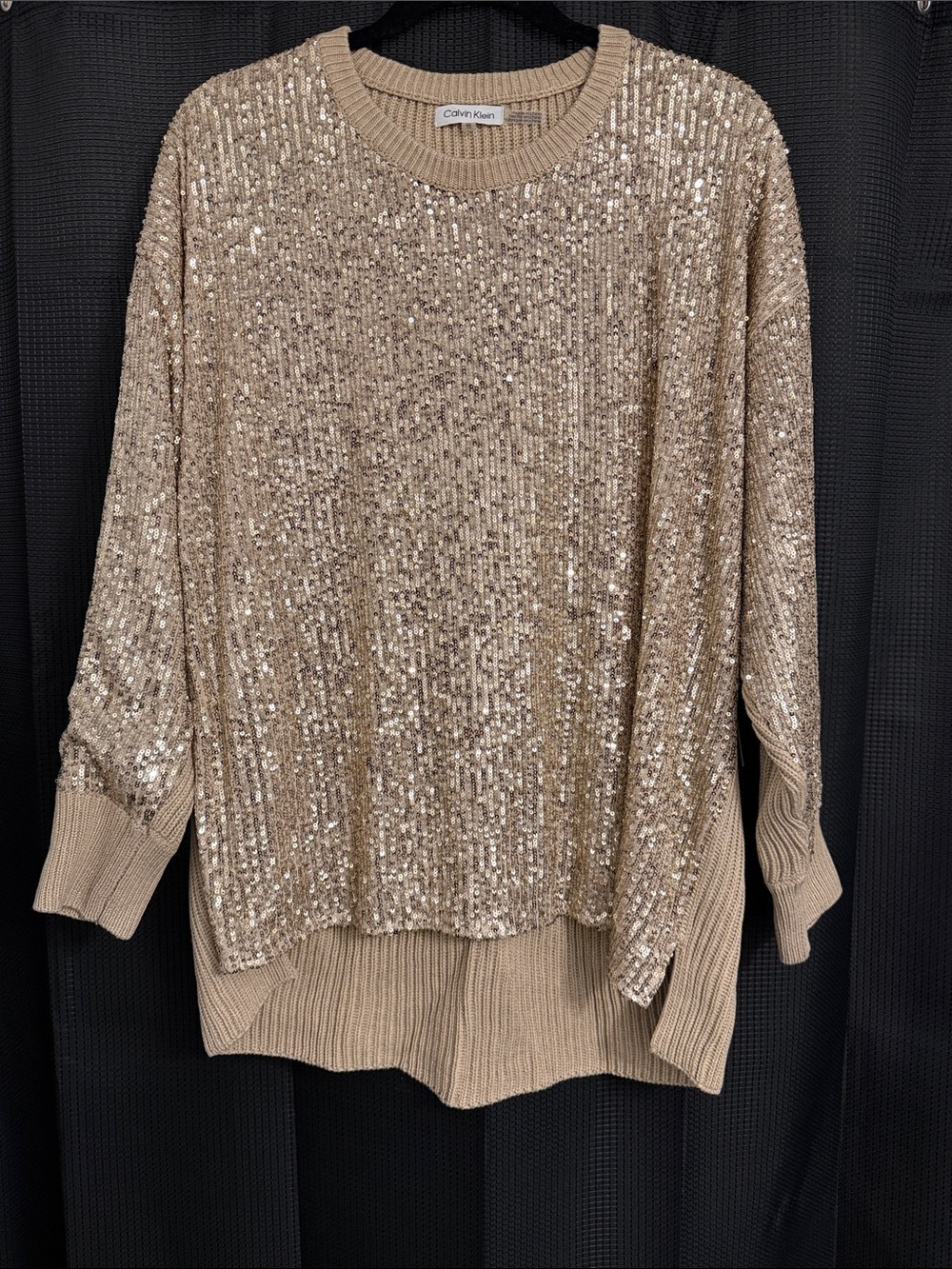 Calvin Klein WMN’s Taupe Sequin Sweater w/side slits hgh/low NWT Sz XL